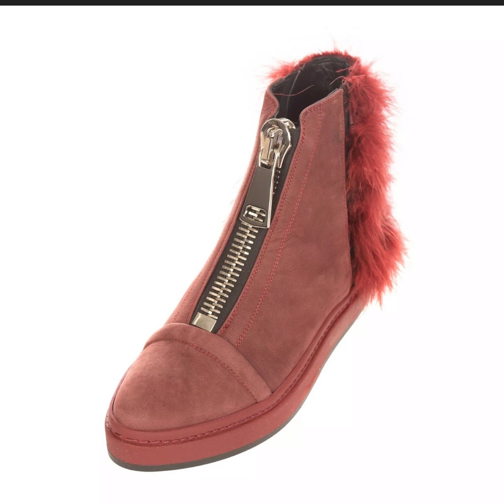 SHY by Arvid Yuki Leather Sneakers, booties,feather trim, Size US6, New with Box